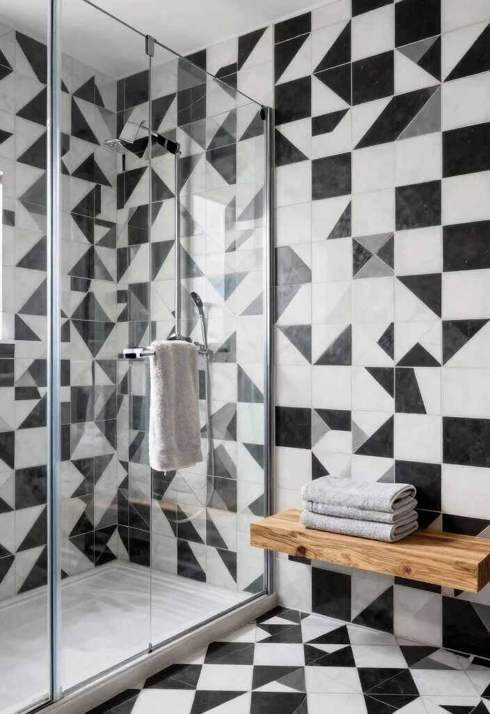 15 Stunning Black And White Vintage Tile Bathroom Ideas - 3. Geometric Patterned Tiles 1