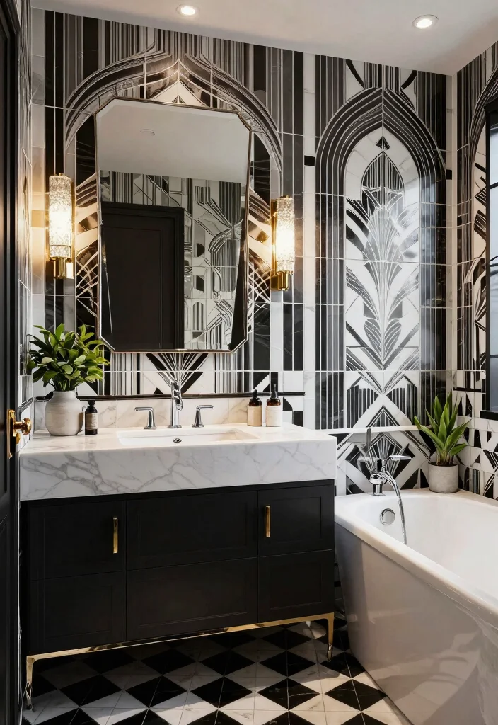 15 Stunning Black And White Vintage Tile Bathroom Ideas - 5. Art Deco Inspired Details 1