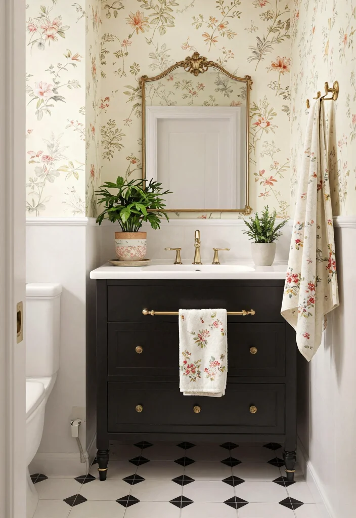 15 Stunning Black And White Vintage Tile Bathroom Ideas - 6. Vintage Floral Accents 1
