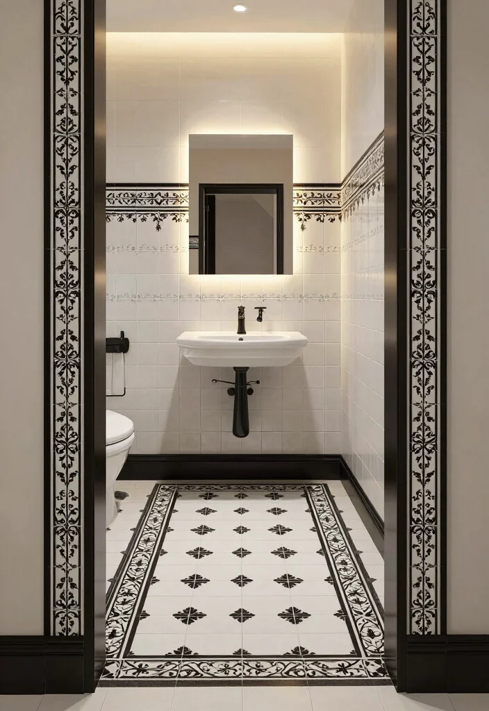 15 Stunning Black And White Vintage Tile Bathroom Ideas - 7. Classic Black and White Borders 1