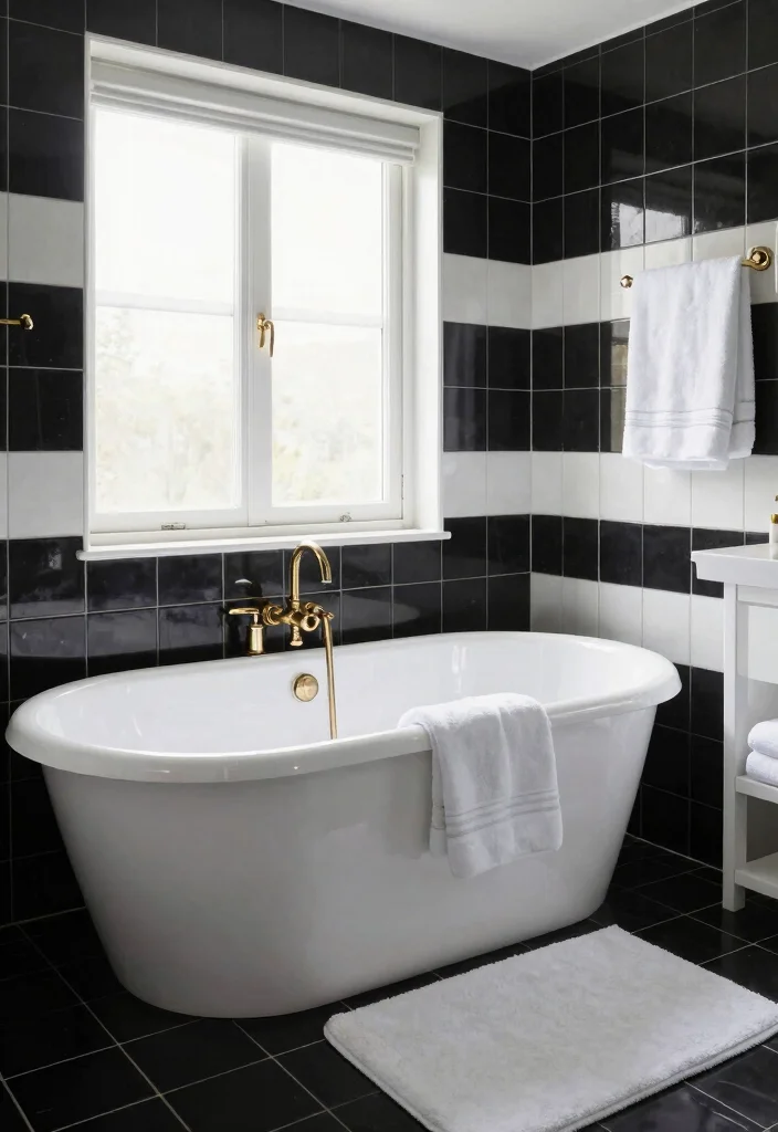 15 Stunning Black And White Vintage Tile Bathroom Ideas - 8. Statement Bathtubs 1