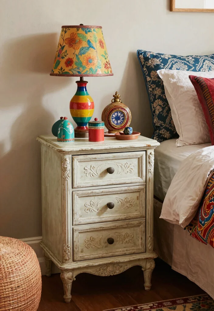 16 Bedroom With One Nightstand Ideas Asymmetrical Modern Style - 12. Eclectic Vintage Nightstand 1