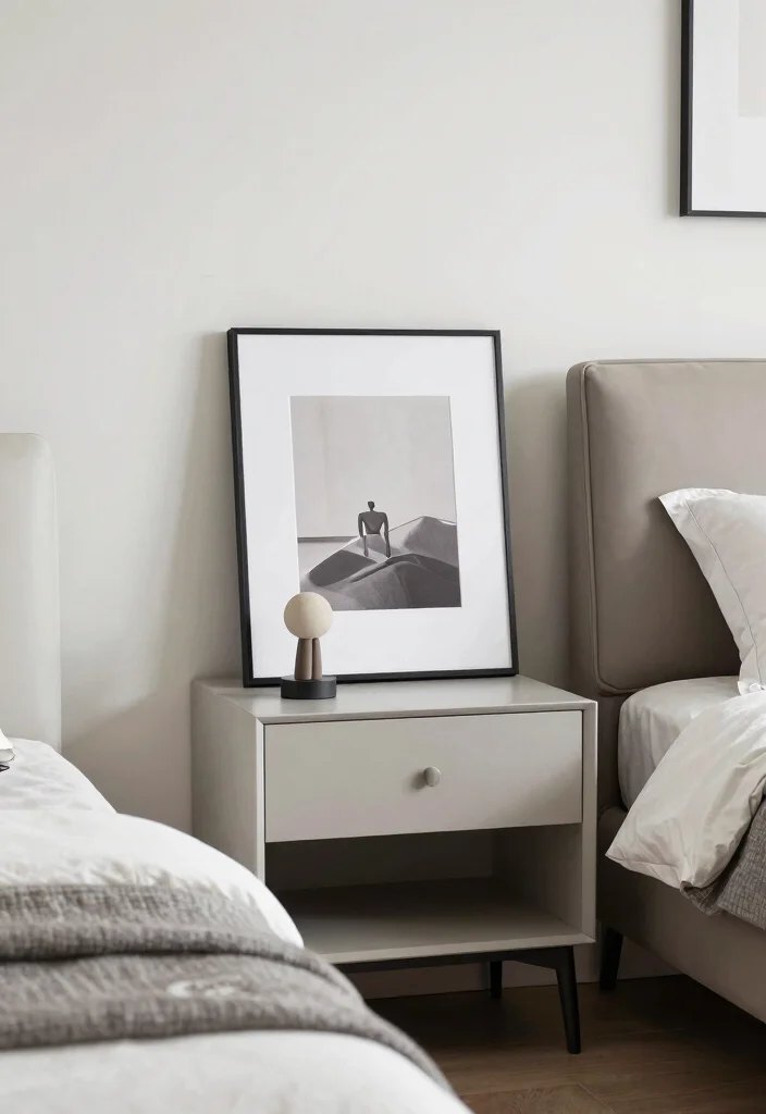 16 Bedroom With One Nightstand Ideas Asymmetrical Modern Style - 14. Nightstand with Art Display 1