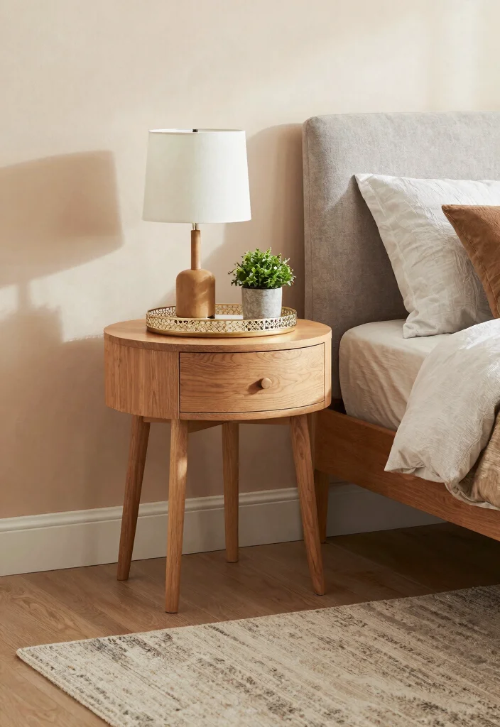 16 Bedroom With One Nightstand Ideas Asymmetrical Modern Style - 3. Round Nightstand for Softness 1