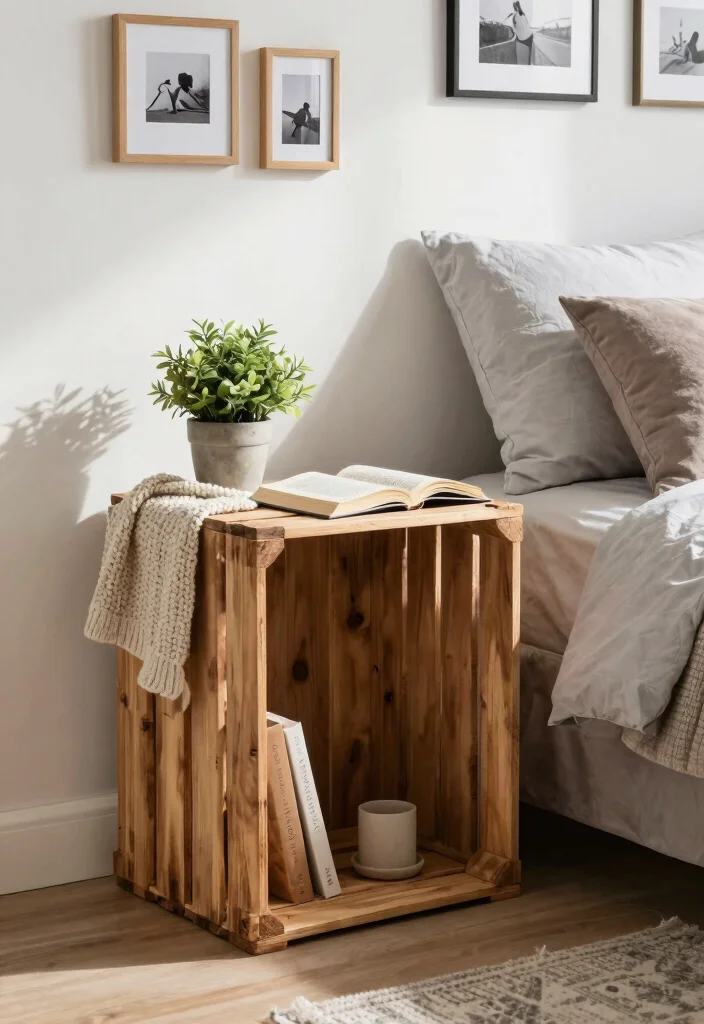 16 Bedroom With One Nightstand Ideas Asymmetrical Modern Style - 4. Wooden Crate Nightstand 1