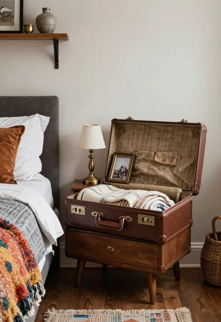 16 Bedroom With One Nightstand Ideas Asymmetrical Modern Style - 8. Vintage Suitcase Nightstand 1