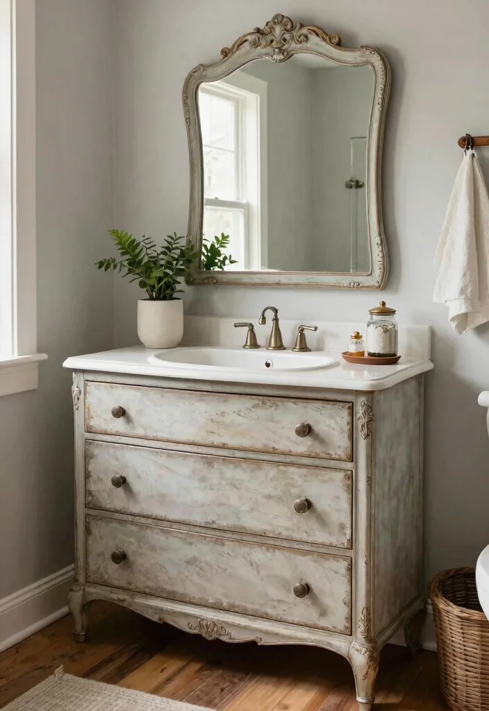 16 Farmhouse Bathroom Vanity Ideas With Rustic Beauty - 10. Antique Furniture Repurposing 1
