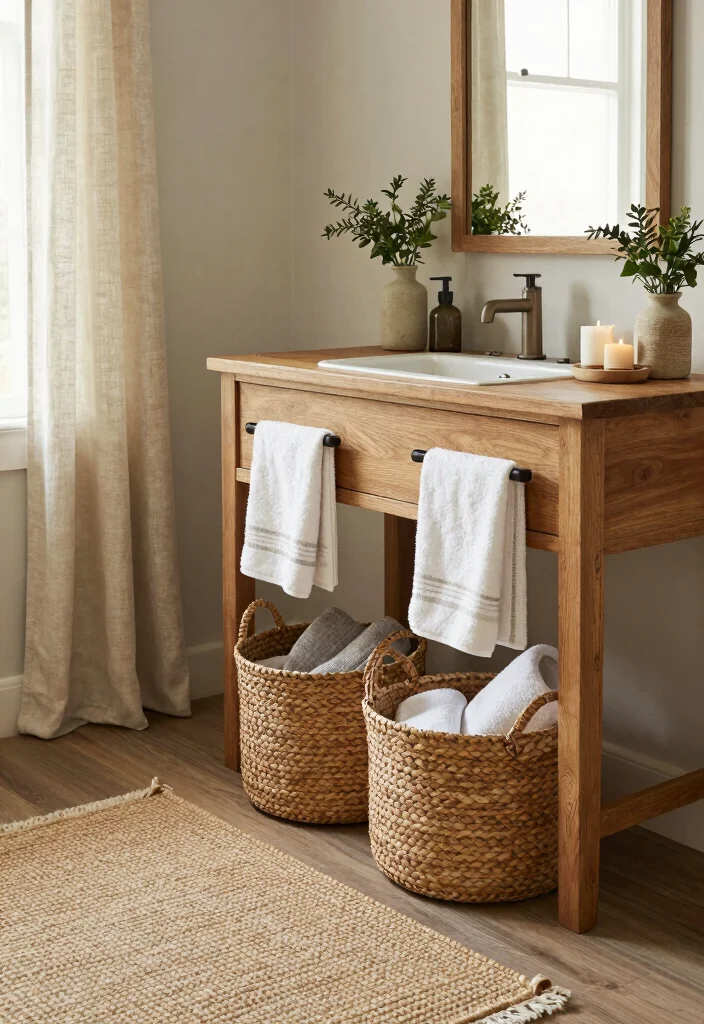 16 Farmhouse Bathroom Vanity Ideas With Rustic Beauty - 16. Rustic Textiles and Accessories 1
