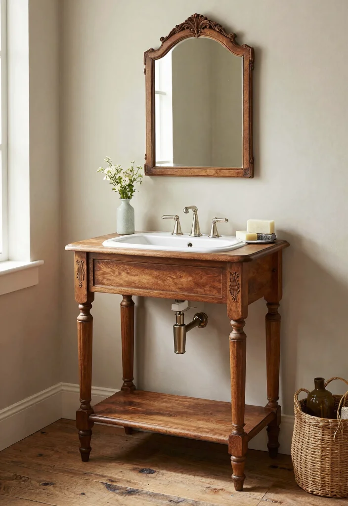 16 Farmhouse Bathroom Vanity Ideas With Rustic Beauty - 2. Vintage Washstand Vanity 1