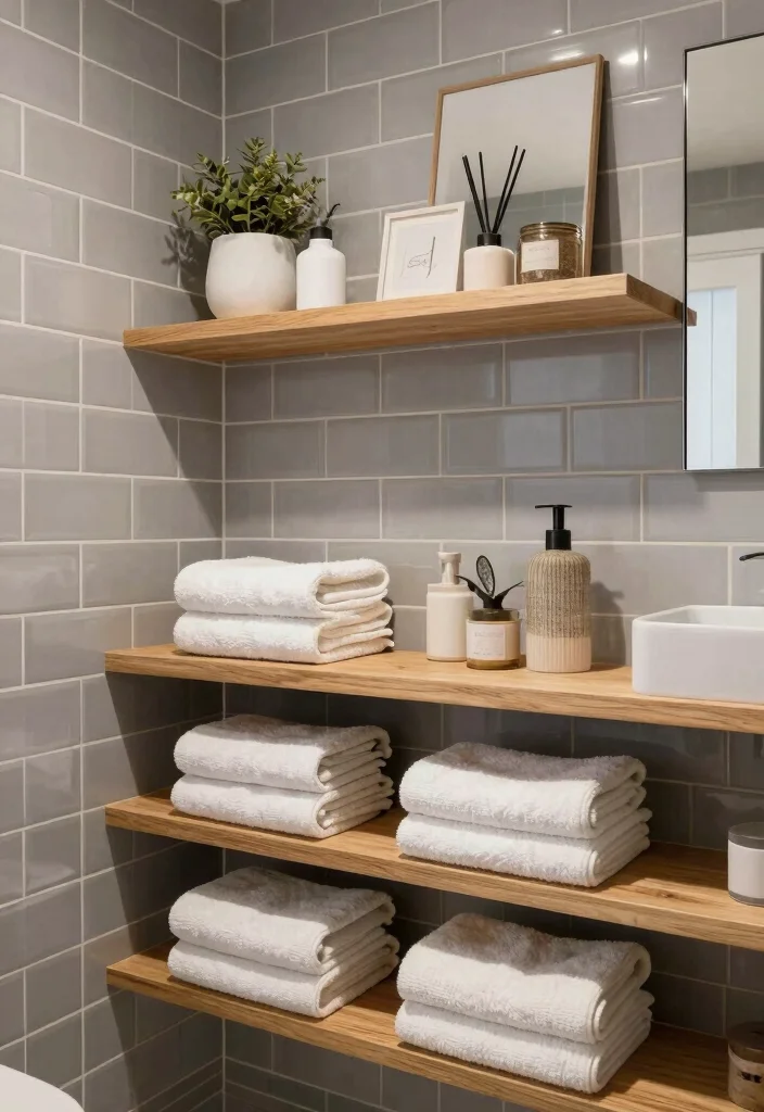 16 Grey Subway Tile Bathroom Ideas For Clean Design - 10. Open Shelving with Grey Subway Tiles 1