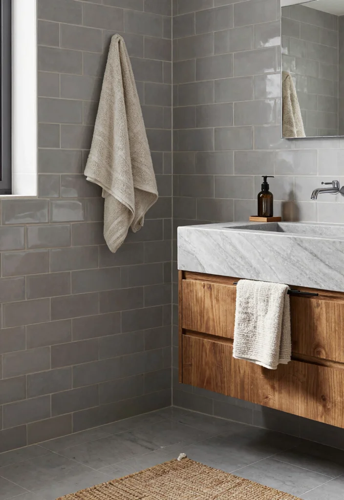 16 Grey Subway Tile Bathroom Ideas For Clean Design - 13. Layering Textures with Grey Subway Tiles 1