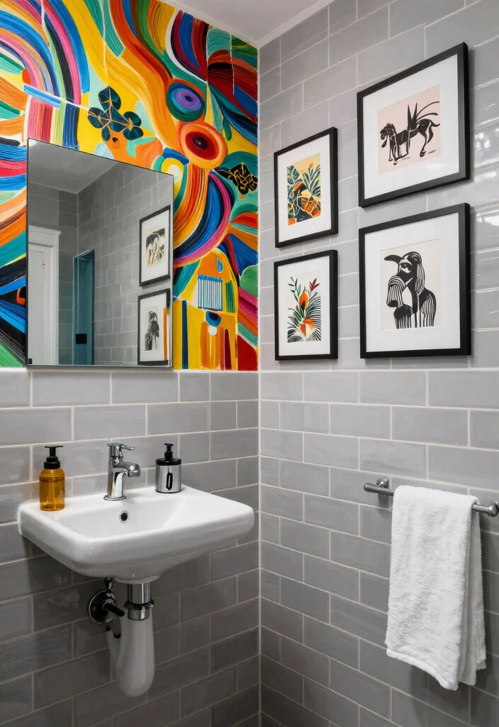 16 Grey Subway Tile Bathroom Ideas For Clean Design - 14. Grey Subway Tiles with Artistic Touches 1