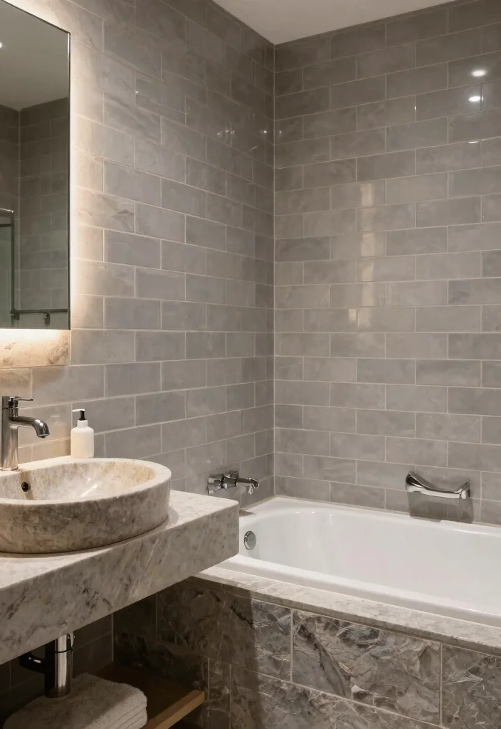 16 Grey Subway Tile Bathroom Ideas For Clean Design - 15. Grey Subway Tiles with Natural Stone 1