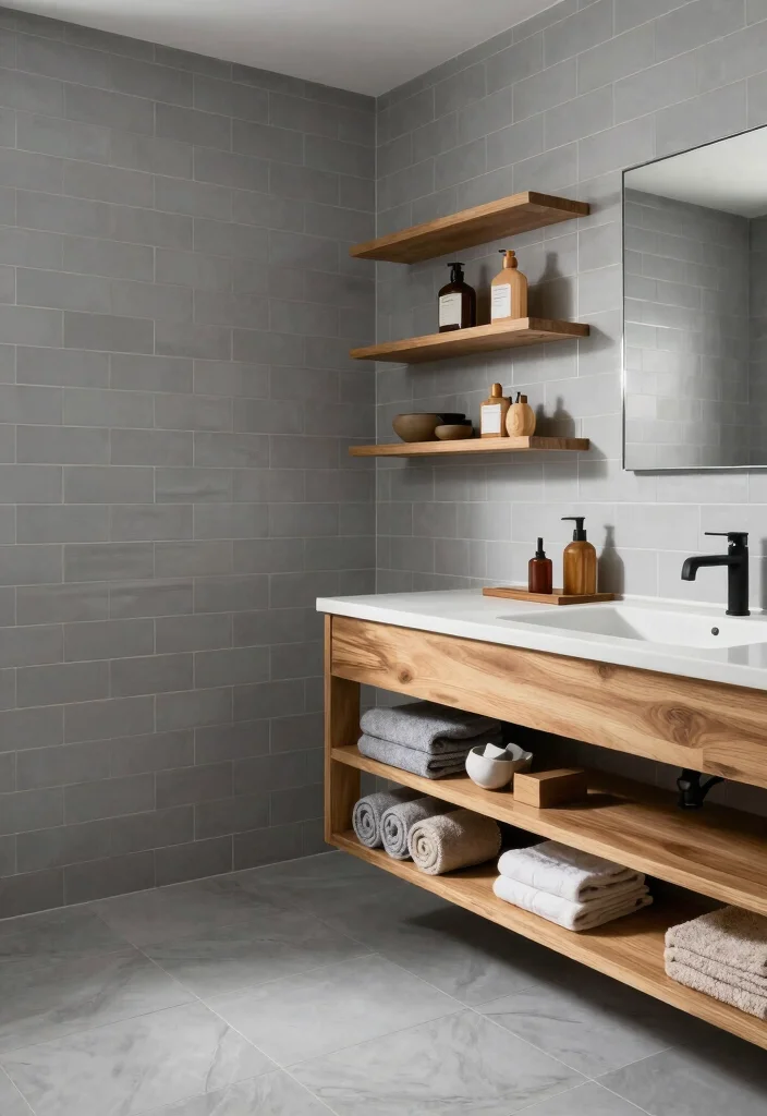 16 Grey Subway Tile Bathroom Ideas For Clean Design - 3. Grey Subway Tiles with Wood Accents 1