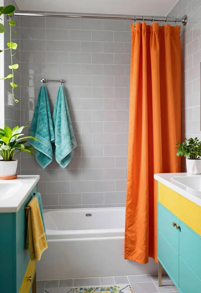16 Grey Subway Tile Bathroom Ideas For Clean Design - 5. Subway Tiles with Bold Color Accents 1