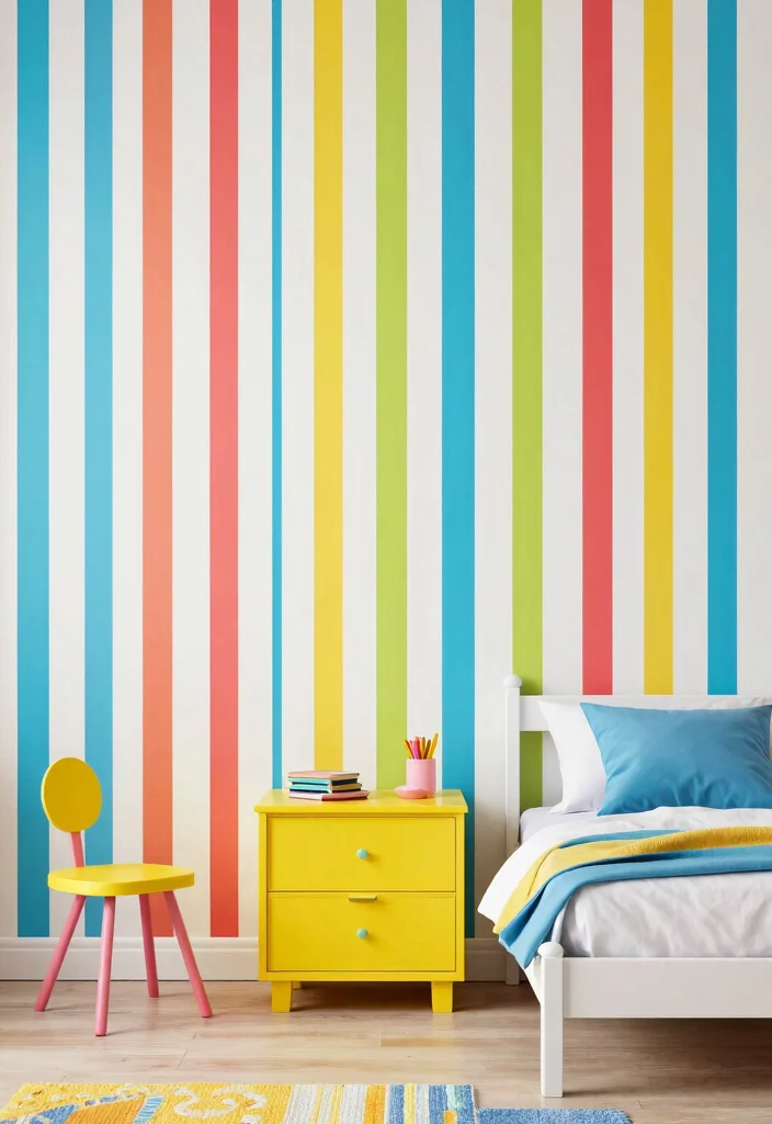 16 Kids Bedroom Wallpaper Texture Ideas: Fun and Playful - 10. Bright and Bold Stripes 1