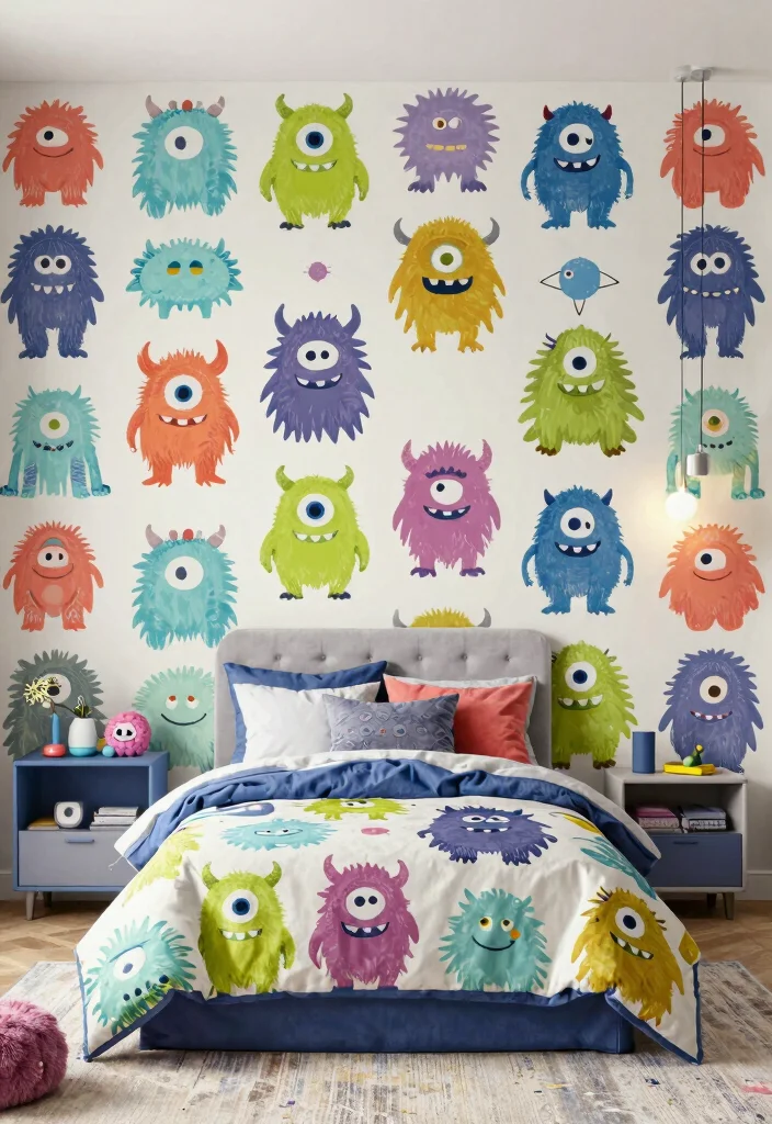 16 Kids Bedroom Wallpaper Texture Ideas: Fun and Playful - 14. Friendly Monsters 1