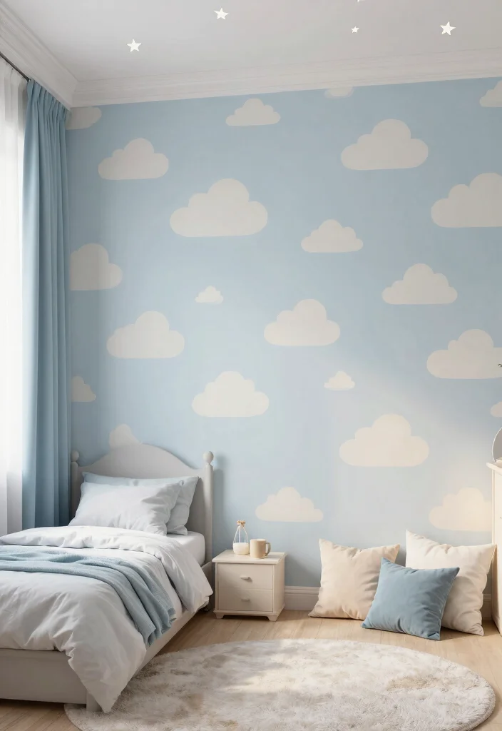 16 Kids Bedroom Wallpaper Texture Ideas: Fun and Playful - 3. Whimsical Clouds 1