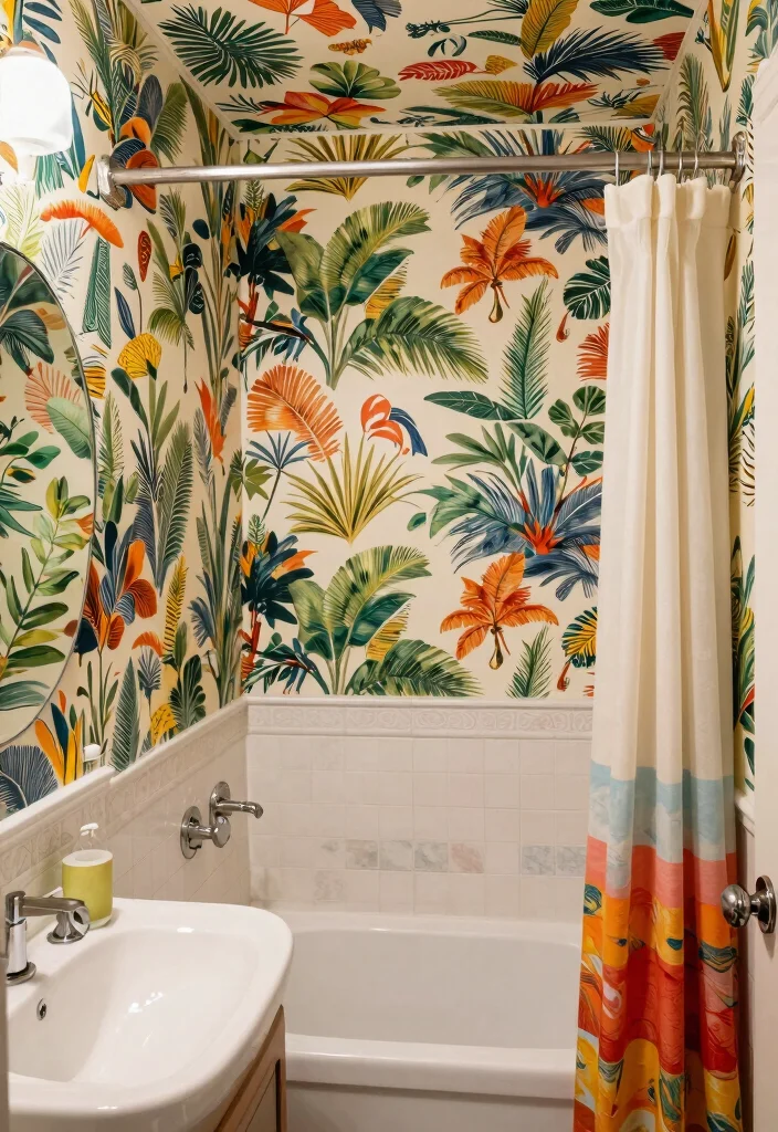 16 Maximalist Bathroom Ideas With Bold Personality - 12. Funky Wallpaper 1