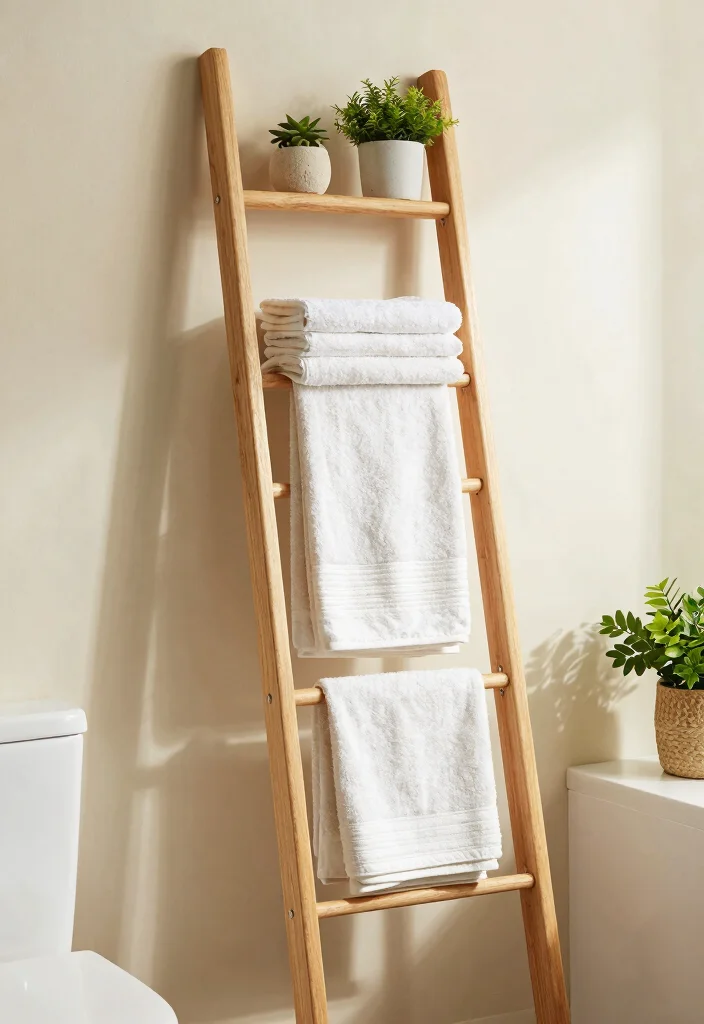 16 Small Bathroom Vanity Storage Ideas That Maximize Space - 13. Ladder Storage for Towels 1