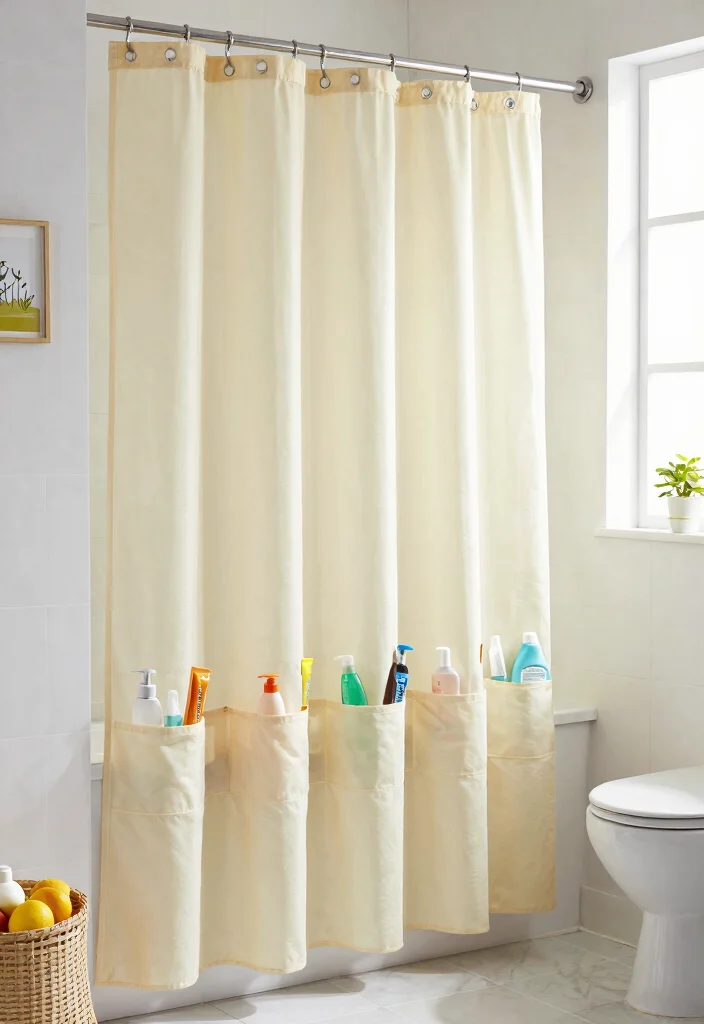 16 Small Bathroom Vanity Storage Ideas That Maximize Space - 16. Eco-Friendly Shower Curtain with Pocket Storage 1