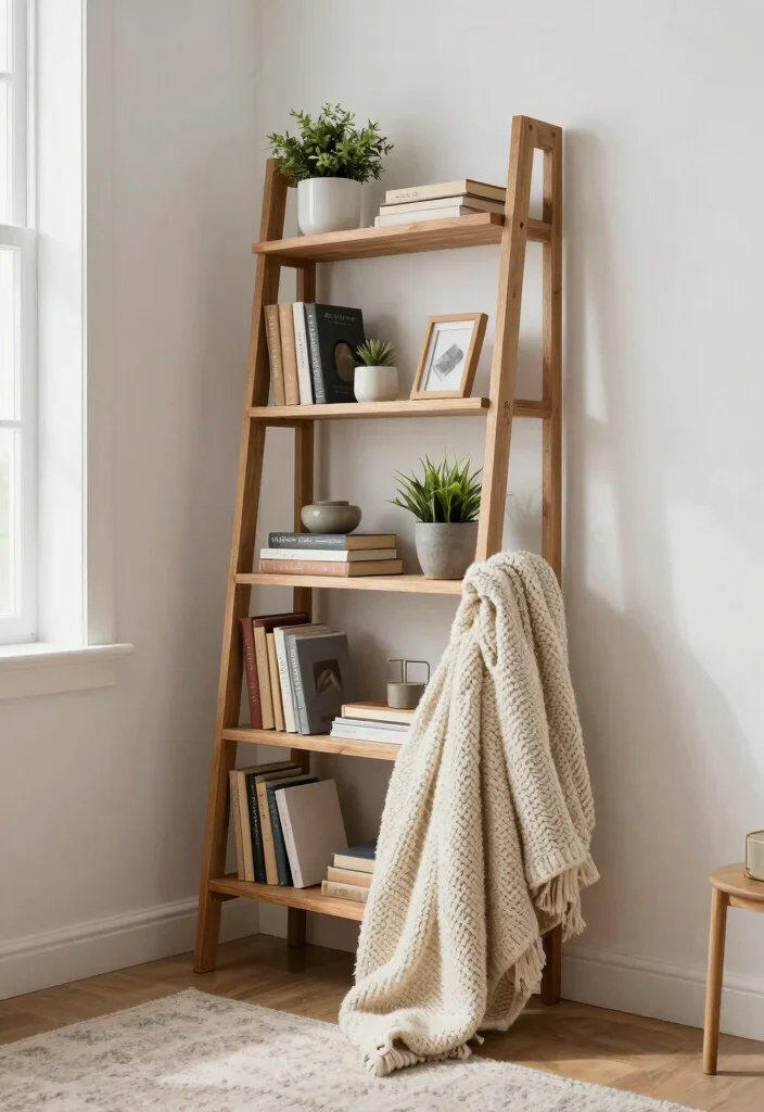 17 Book Shelf Ideas Bedroom Wall: Stylish & Practical Storage - 2. Ladder Bookshelf: Rustic Vibes 1