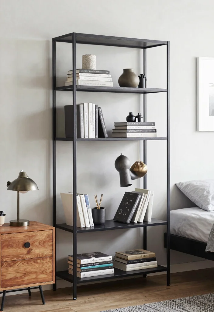 17 Book Shelf Ideas Bedroom Wall: Stylish & Practical Storage - 6. Industrial Chic: Metal Shelving Units 1