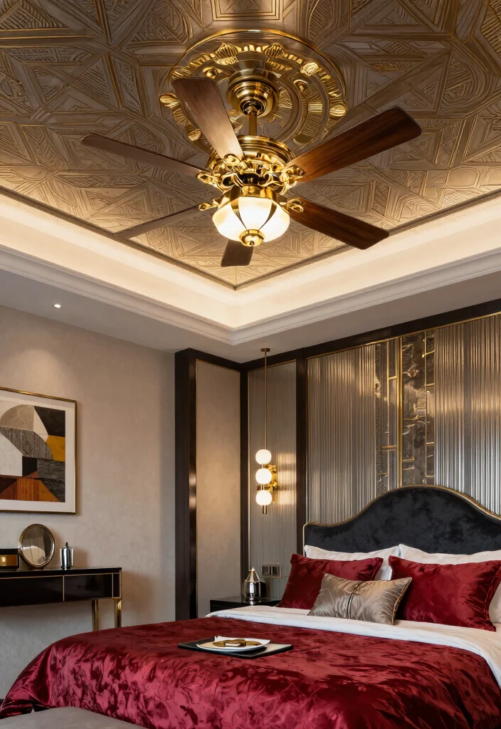 17 False Ceiling Bedroom With Fan Ideas Stylish Comfort - 10. Art Deco Glamour 1