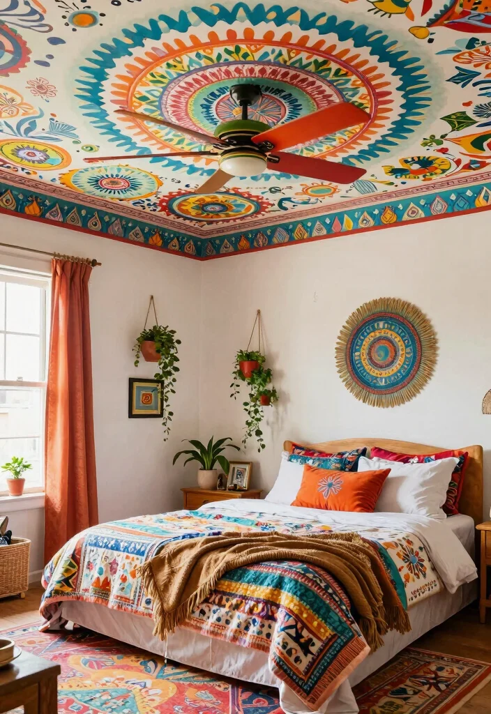 17 False Ceiling Bedroom With Fan Ideas Stylish Comfort - 11. Bohemian Vibes with Whimsical Elements 1