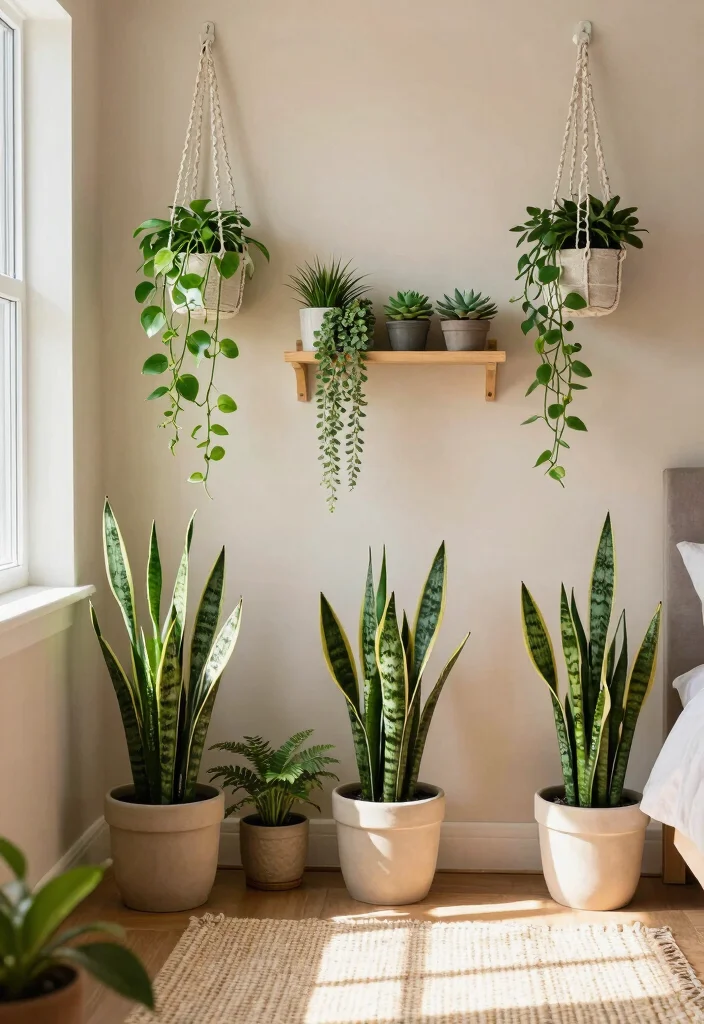 17 Green and Beige Bedroom Ideas: Calm Natural Harmony - 1. Lush Greenery Accents 1