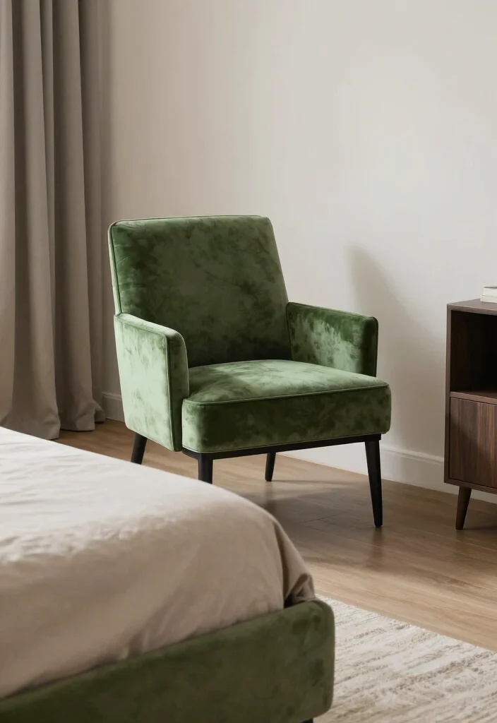 17 Green and Beige Bedroom Ideas: Calm Natural Harmony - 11. Green Accent Furniture 1