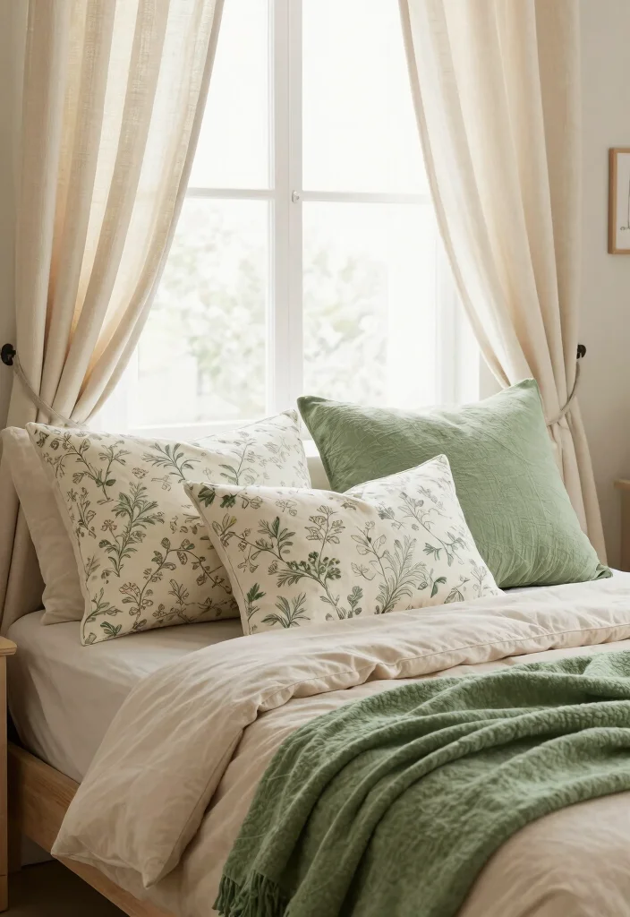17 Green and Beige Bedroom Ideas: Calm Natural Harmony - 13. Soft Nature-Inspired Textiles 1