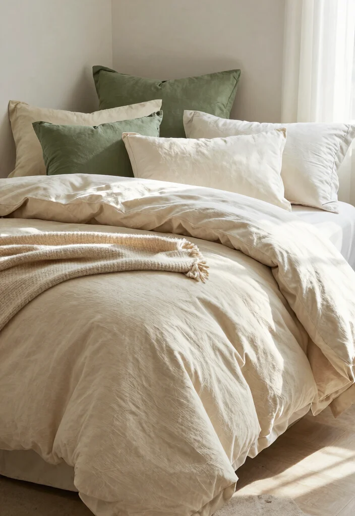17 Green and Beige Bedroom Ideas: Calm Natural Harmony - 2. Beige Textured Bedding 1