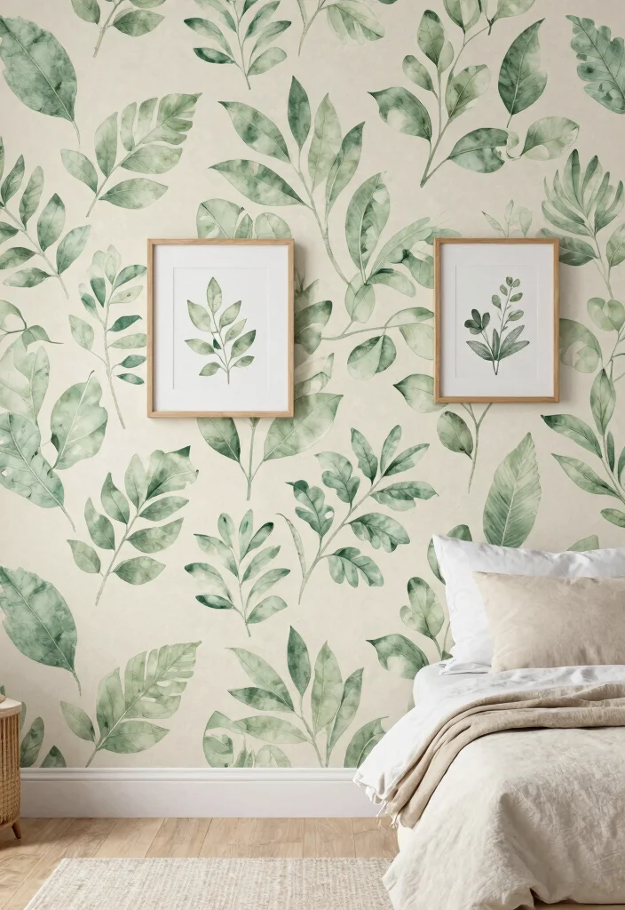 17 Green and Beige Bedroom Ideas: Calm Natural Harmony - 3. Accent Wall with Nature-Inspired Wallpaper 1