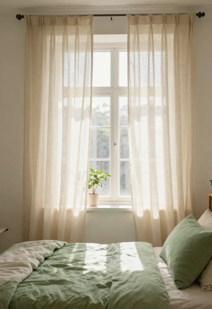 17 Green and Beige Bedroom Ideas: Calm Natural Harmony - 5. Natural Light and Soft Curtains 1