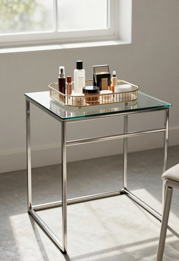 18 Bedroom Dressing Table Design Ideas: Elegant Functional Style - 8. Chic Glass Table with Metal Accents 1