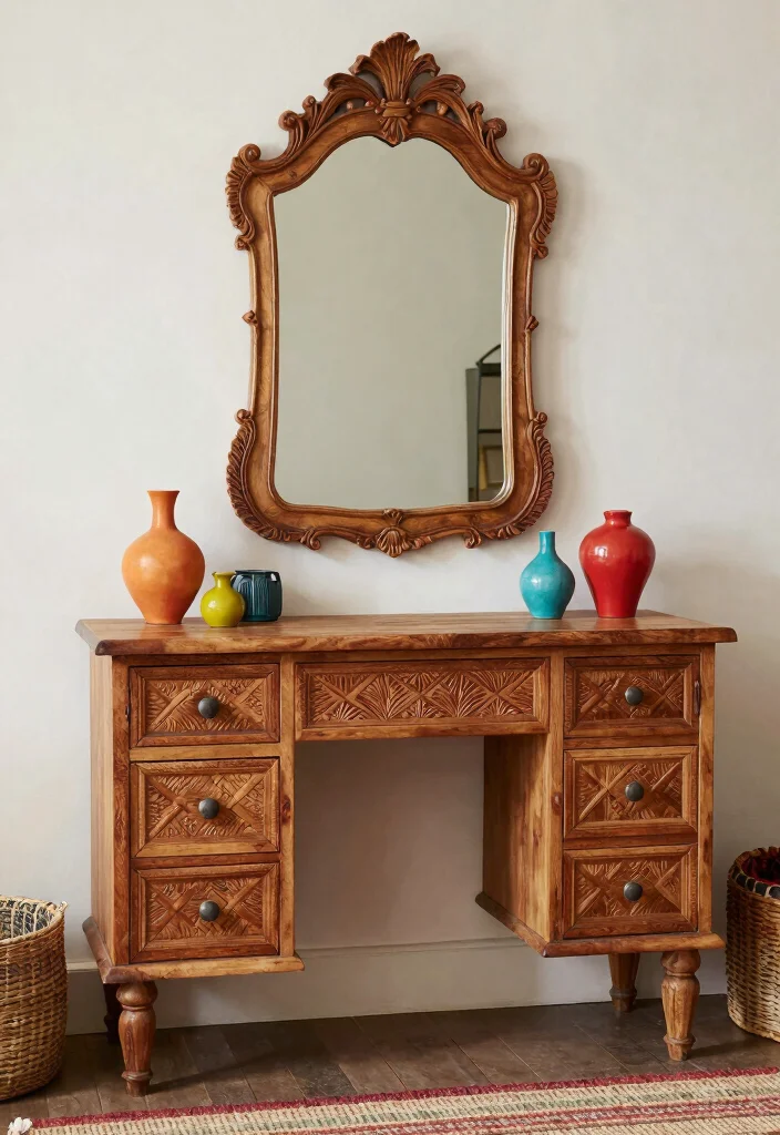 18 Bedroom Dressing Table Design Ideas: Elegant Functional Style - 9. Bohemian Styling with Wooden Elements 1