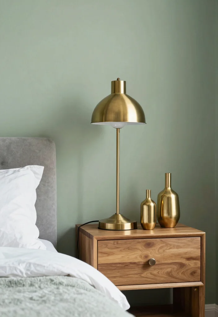 18 Sage Green Bedroom Aesthetic Ideas: Soft, Calm, and Trendy - 15. Incorporating Metallic Accents 1