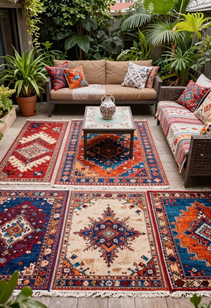 12 Cheap Patio Ideas on a Budget That Actually Look Expensive - 3. Repurposed Outdoor Rugs 1