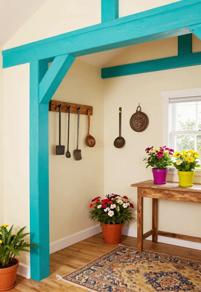 12 Fake Ceiling Beam Ideas That Add Height Without Structural Work - 3. Painted Beams for a Pop of Color 1