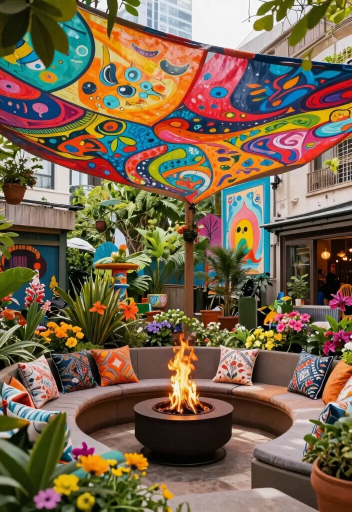 12 Fire Pit Canopy Ideas That Vent Smoke and Stay Safe - 12. Colorful Canopy with Artwork 1