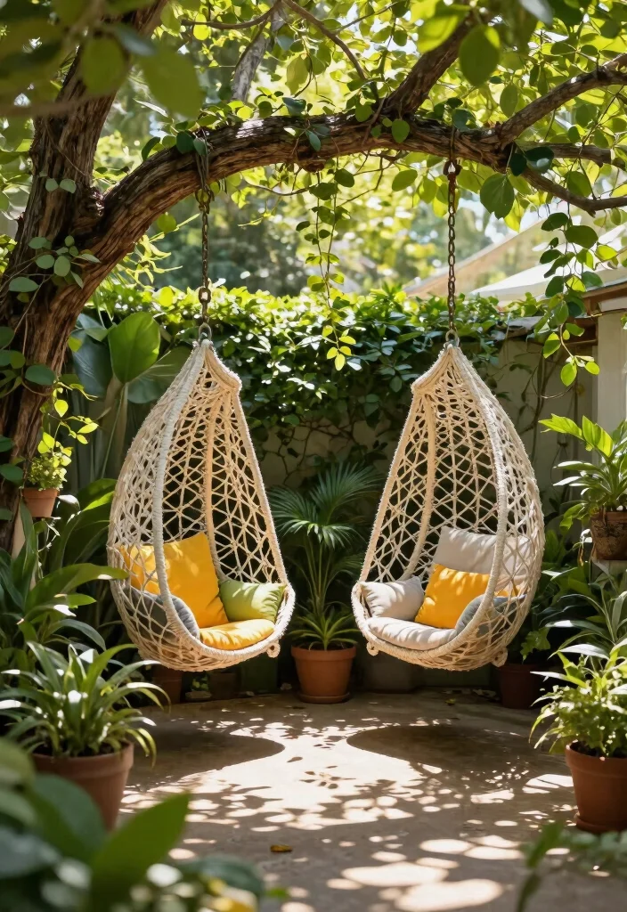 12 Outdoor Seating Space Ideas for Small Yards and Tight Budgets - 2. Hanging Chairs with Surrounding Planters 1