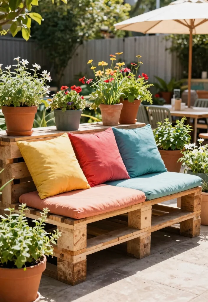 12 Outdoor Seating Space Ideas for Small Yards and Tight Budgets - 3. DIY Pallet Seating with Potted Plants 1