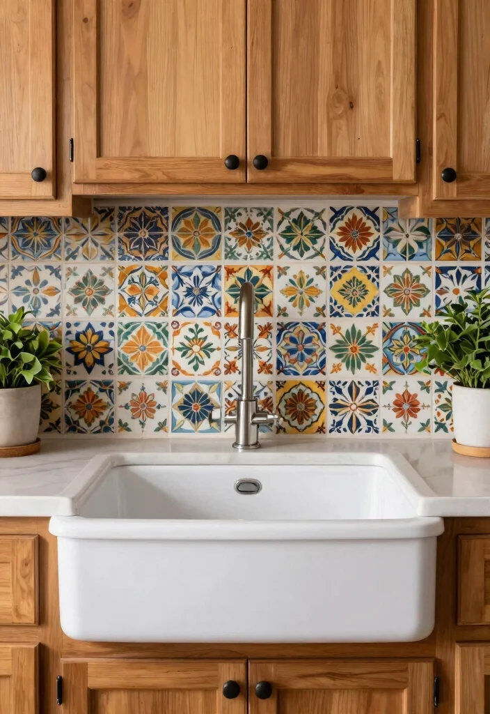 14 Farmhouse Sink Ideas That Fit Standard Cabinets - 11. Farmhouse Sink with Colorful Tiles 1