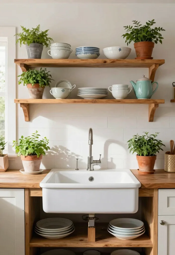 14 Farmhouse Sink Ideas That Fit Standard Cabinets - 12. Farmhouse Sink with Open Shelving 1