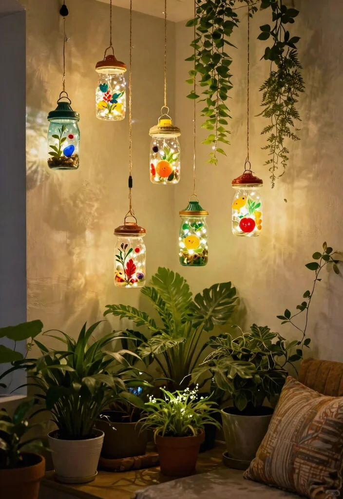 14 Focus Light Ceiling Ideas That Highlight Art Without Drilling - 14. DIY Hanging Jars 1