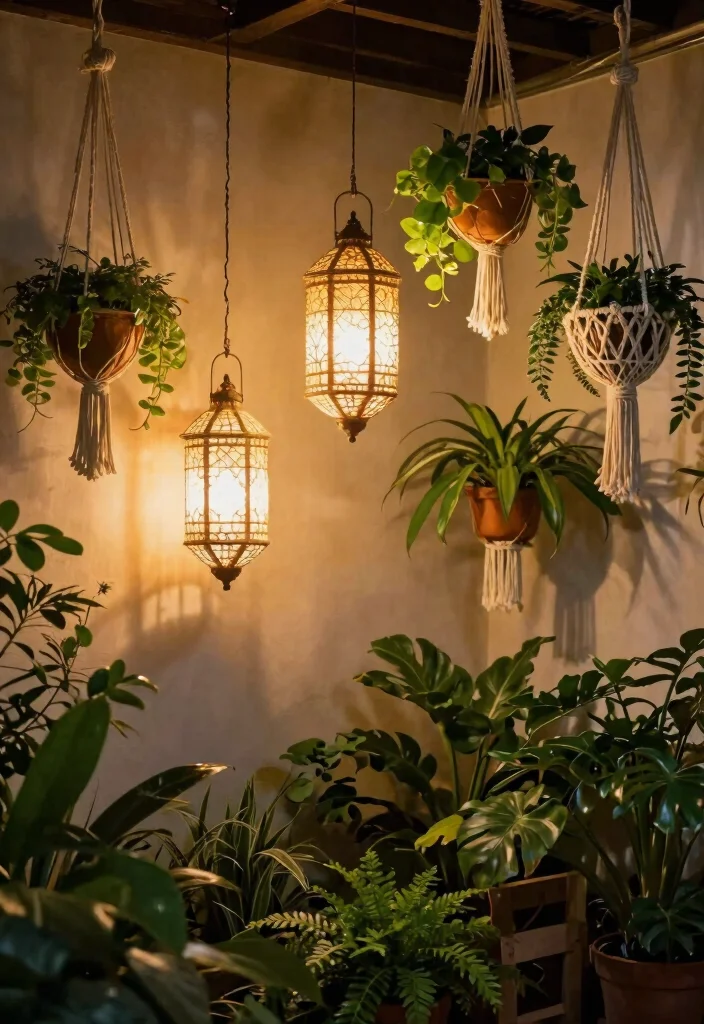 14 Focus Light Ceiling Ideas That Highlight Art Without Drilling - 6. Hanging Lanterns 1