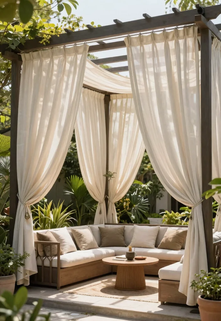 14 Patio Pergola Ideas That Provide Shade Without Full Coverage - 10. Pergola with Outdoor Curtains 1