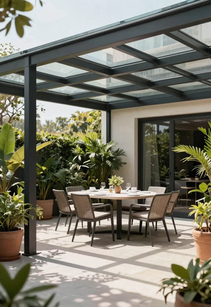 14 Patio Pergola Ideas That Provide Shade Without Full Coverage - 11. Contemporary Pergola with Glass Roof 1