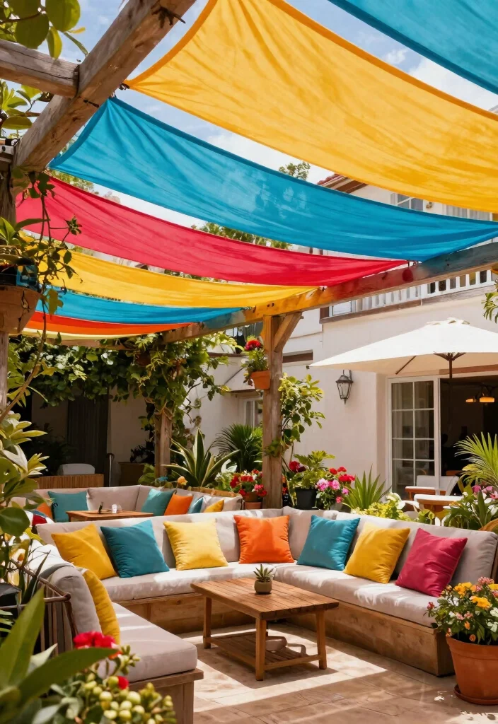 14 Patio Pergola Ideas That Provide Shade Without Full Coverage - 12. Colorful Fabric Canopy Pergola 1